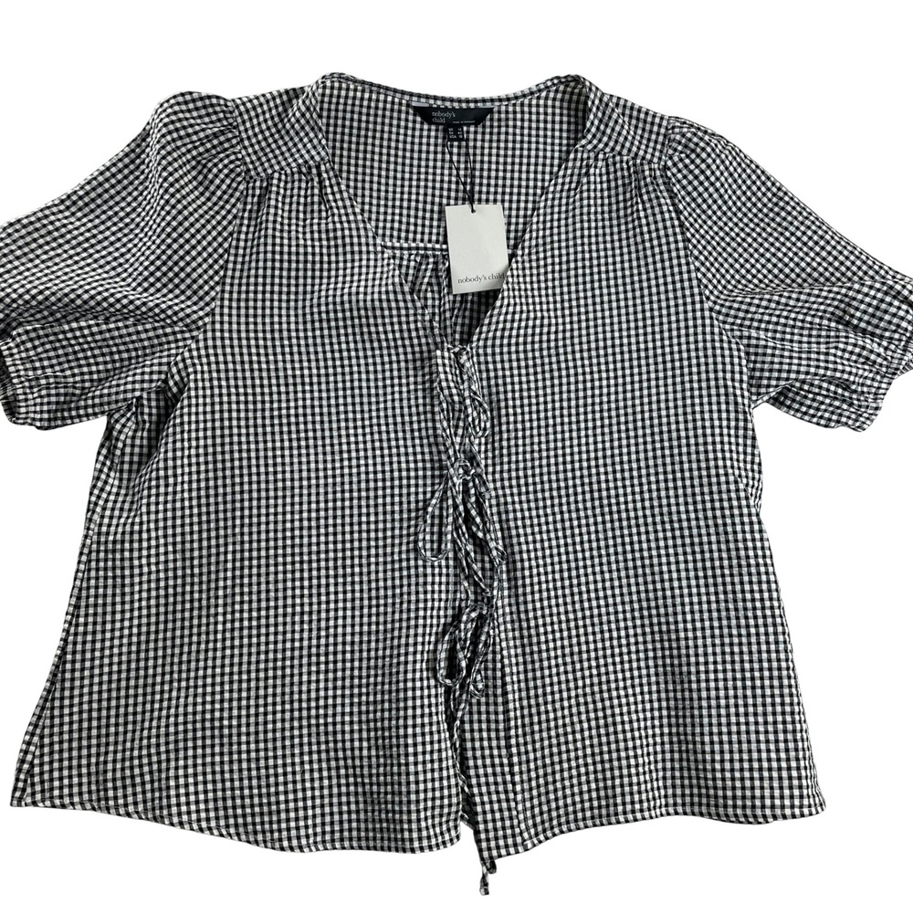 Nobodys Child Black White Gingham Lace Up Puff Sleeve Blouse Womens 10 NEW